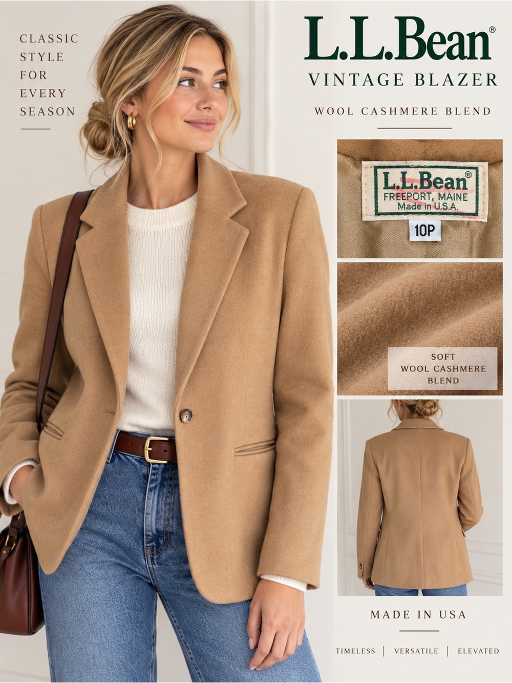 Vintage L.L.Bean Wool Cashmere Blazer Women’s 10P Made in USA Camel Tan